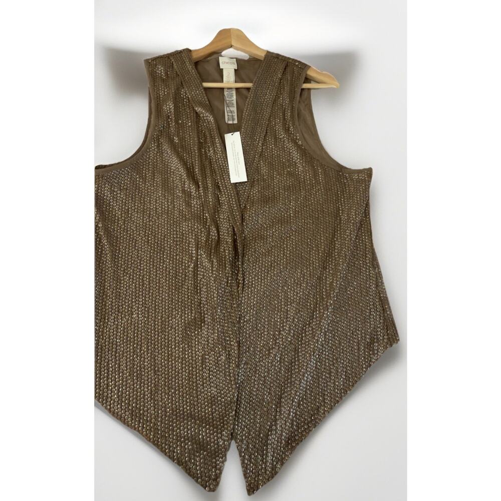 Chico's Brown Sequin Open Front Sleeveless Mid-Length Vest Womens Size 2 NWT